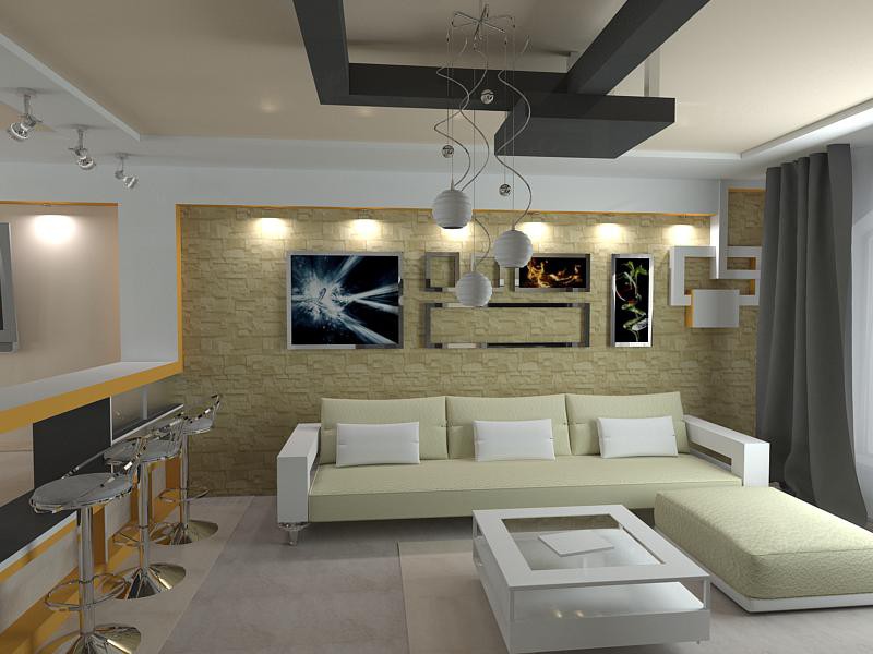 लिविंग रूम, डाइनिंग कमरे + रसोई 3d max vray में प्रस्तुत छवि