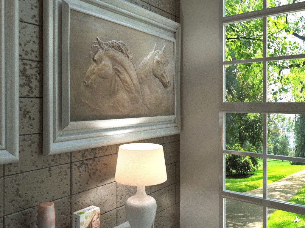 bathroom with a bas-relief of the Scottish sculptor George Mark in Cinema 4d corona render image