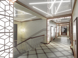 Giriş holü ve bir ofis binasının koridorlarının 3D konsepti. (Video ekli)