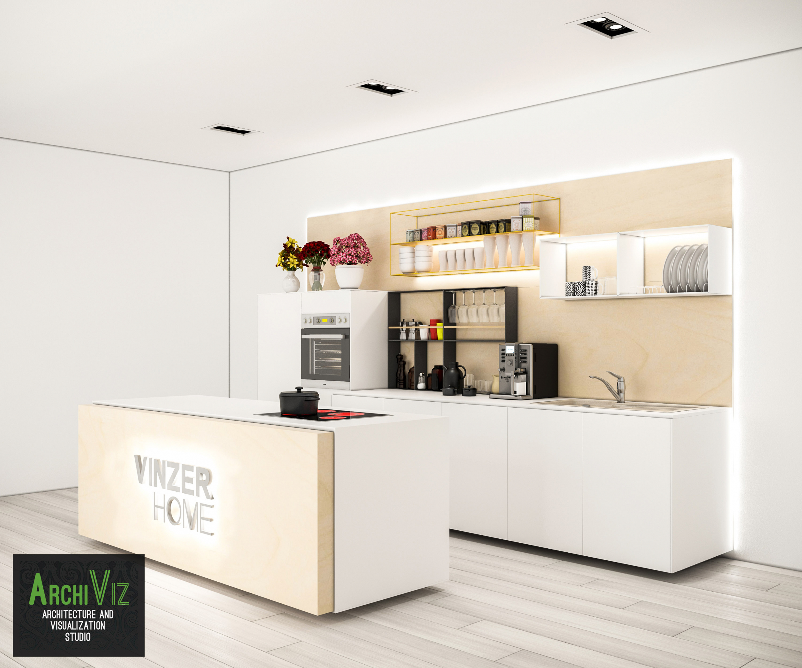 Visualizzazione 3D della cucina con la creazione di un nuovo concetto di design. in 3d max vray 2.0 immagine