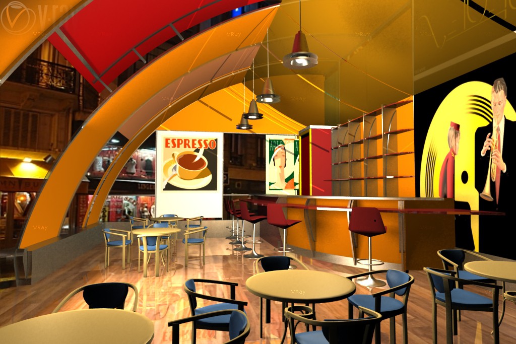 Интерьер летнего кафе в стиле Арт Деко. в 3d max vray изображение