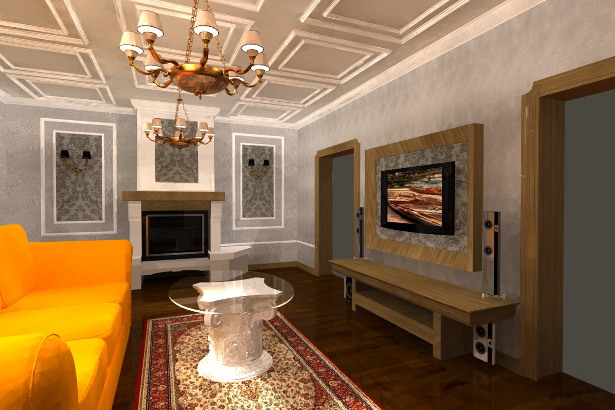 A hall with a fireplace in 3d max vray image