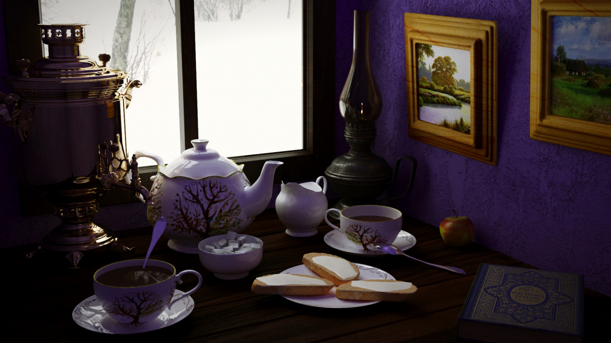 देहाती चाय पार्टी 3d max corona render में प्रस्तुत छवि