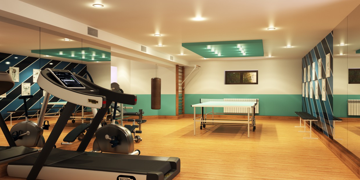 Sports room in a basement in 3d max vray image