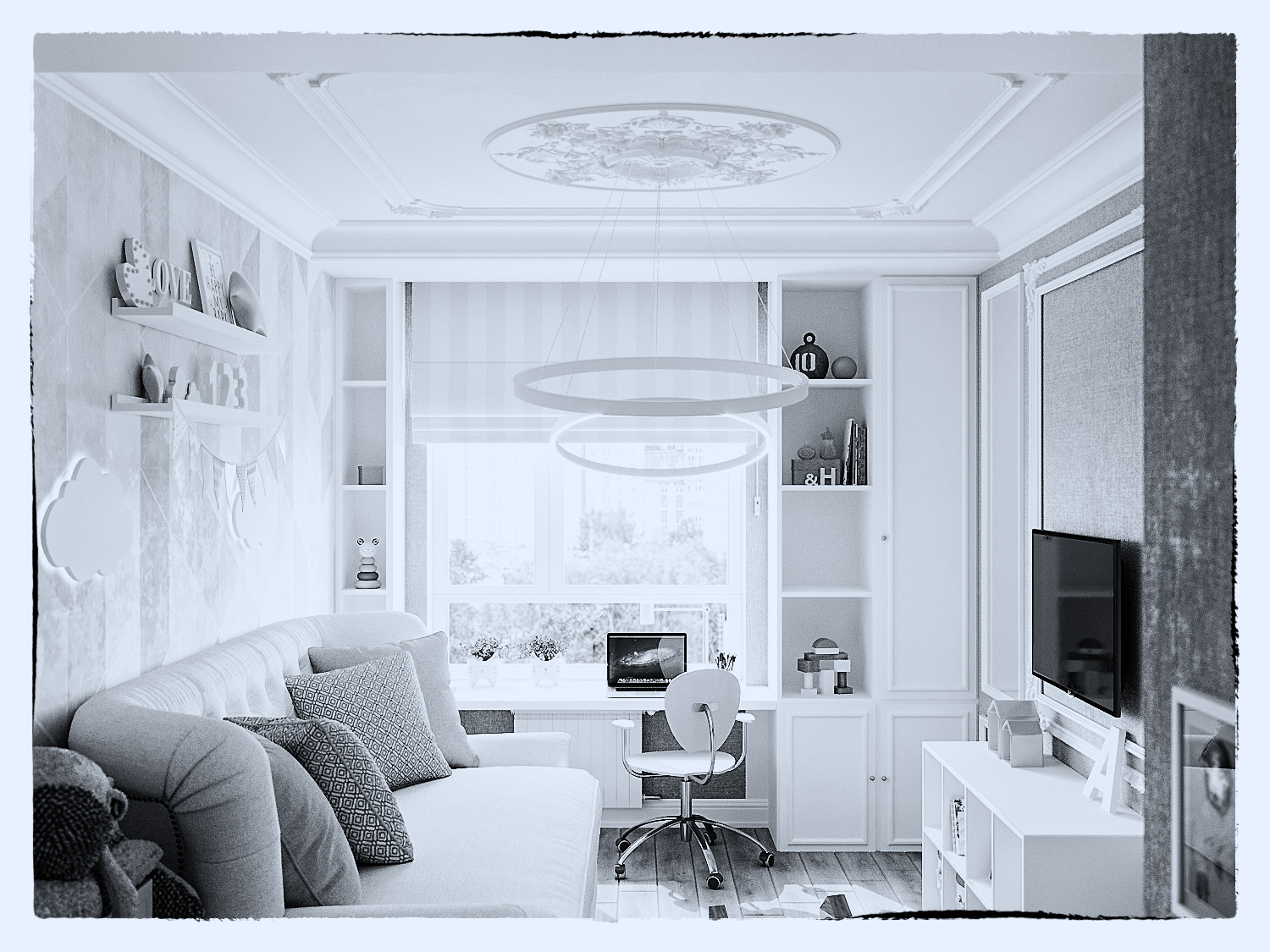 एक छोटी लड़की के लिए बच्चों का कमरा 3d max corona render में प्रस्तुत छवि
