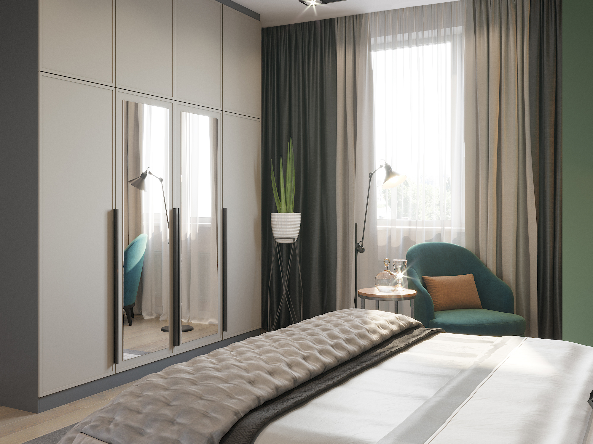 imagen de Dormitorio en tonos esmeralda. en 3d max corona render