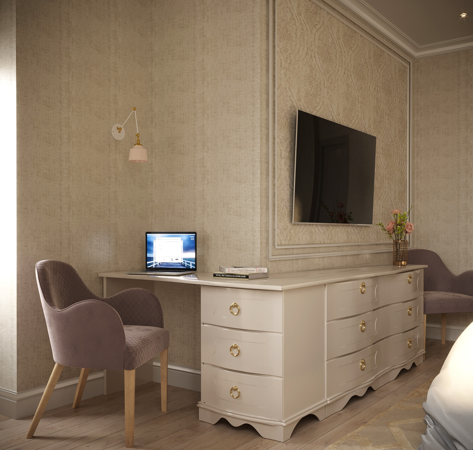 क्लासिक शैली का बेडरूम 3d max corona render में प्रस्तुत छवि