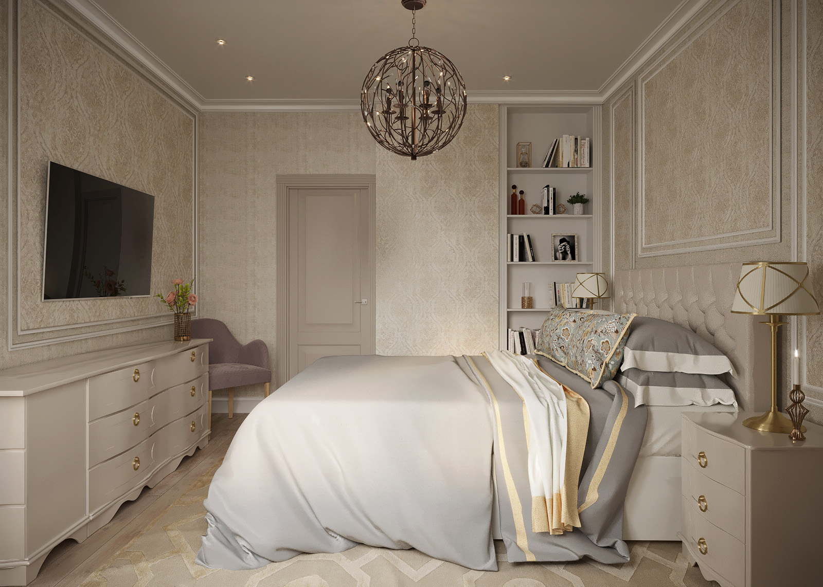 क्लासिक शैली का बेडरूम 3d max corona render में प्रस्तुत छवि