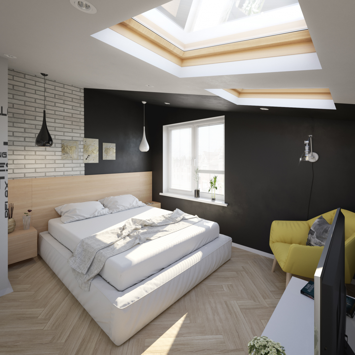 Theq बेडरूम के दृश्य 3d max corona render में प्रस्तुत छवि