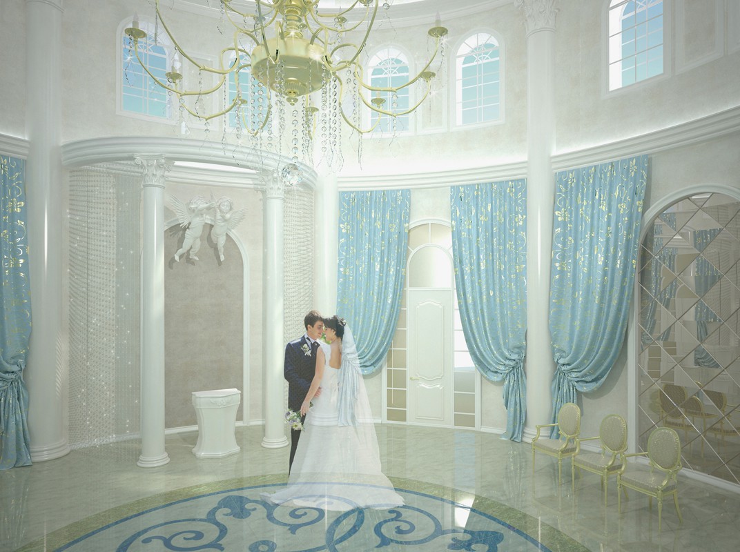 imagen de Diseño de una sala de un palacio donde la personas se casan en 3d max vray