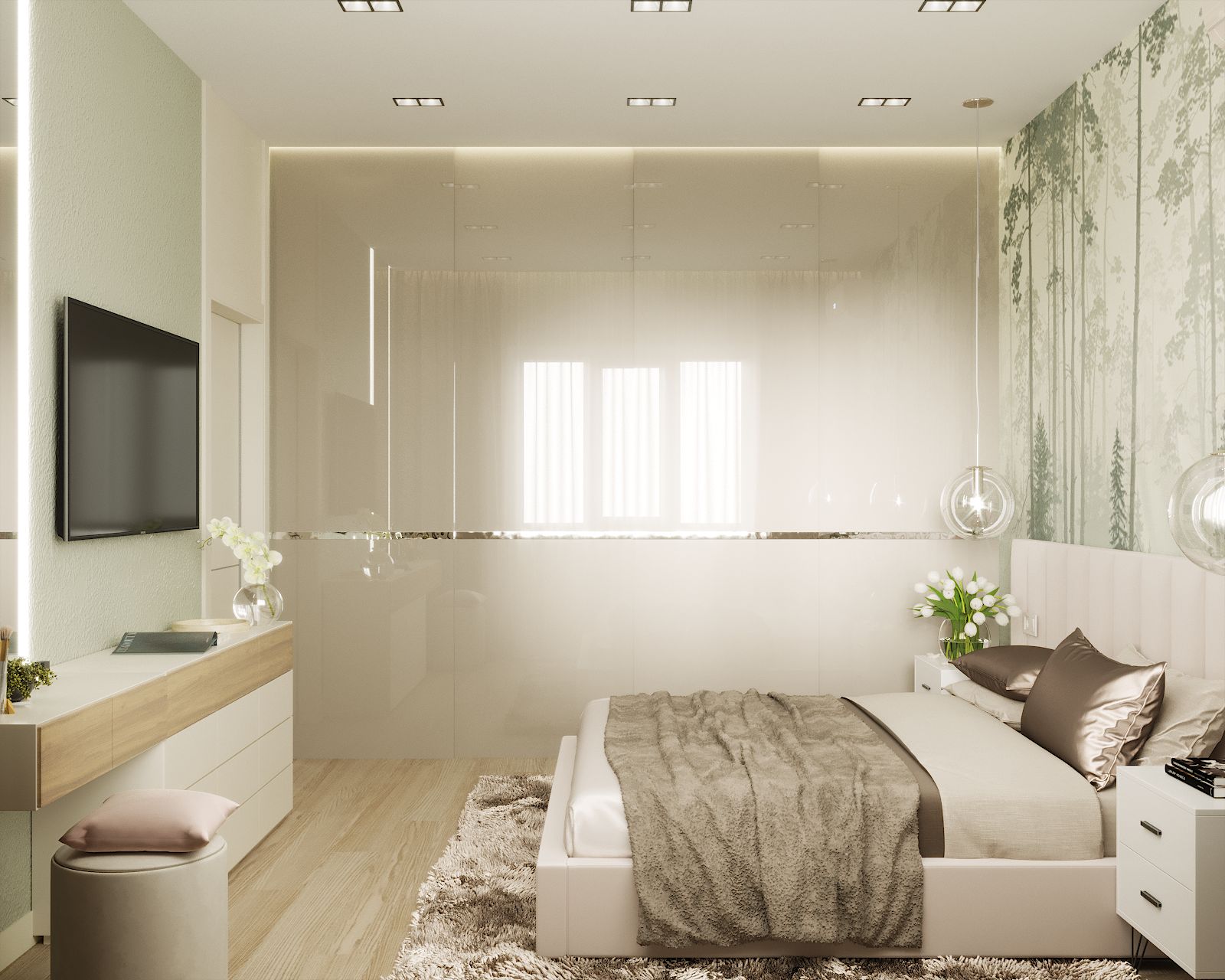 Visualisation Chambres pour un jeune couple avec papier peint. dans 3d max corona render image