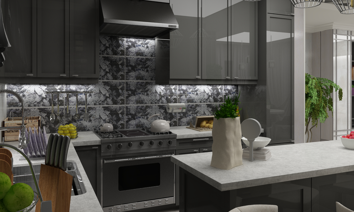 imagen de estilo neoclásico cocina -salón en 3d max vray 3.0