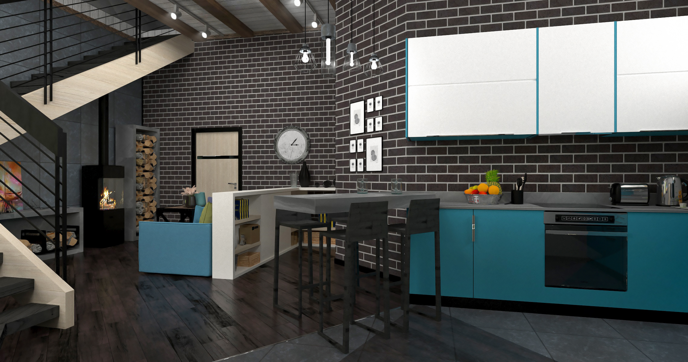 Интерьер кухни-гостиной в 3d max corona render изображение
