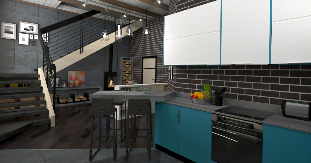 एक रसोई-लिविंग रूम का इंटीरियर 3d max corona render में प्रस्तुत छवि