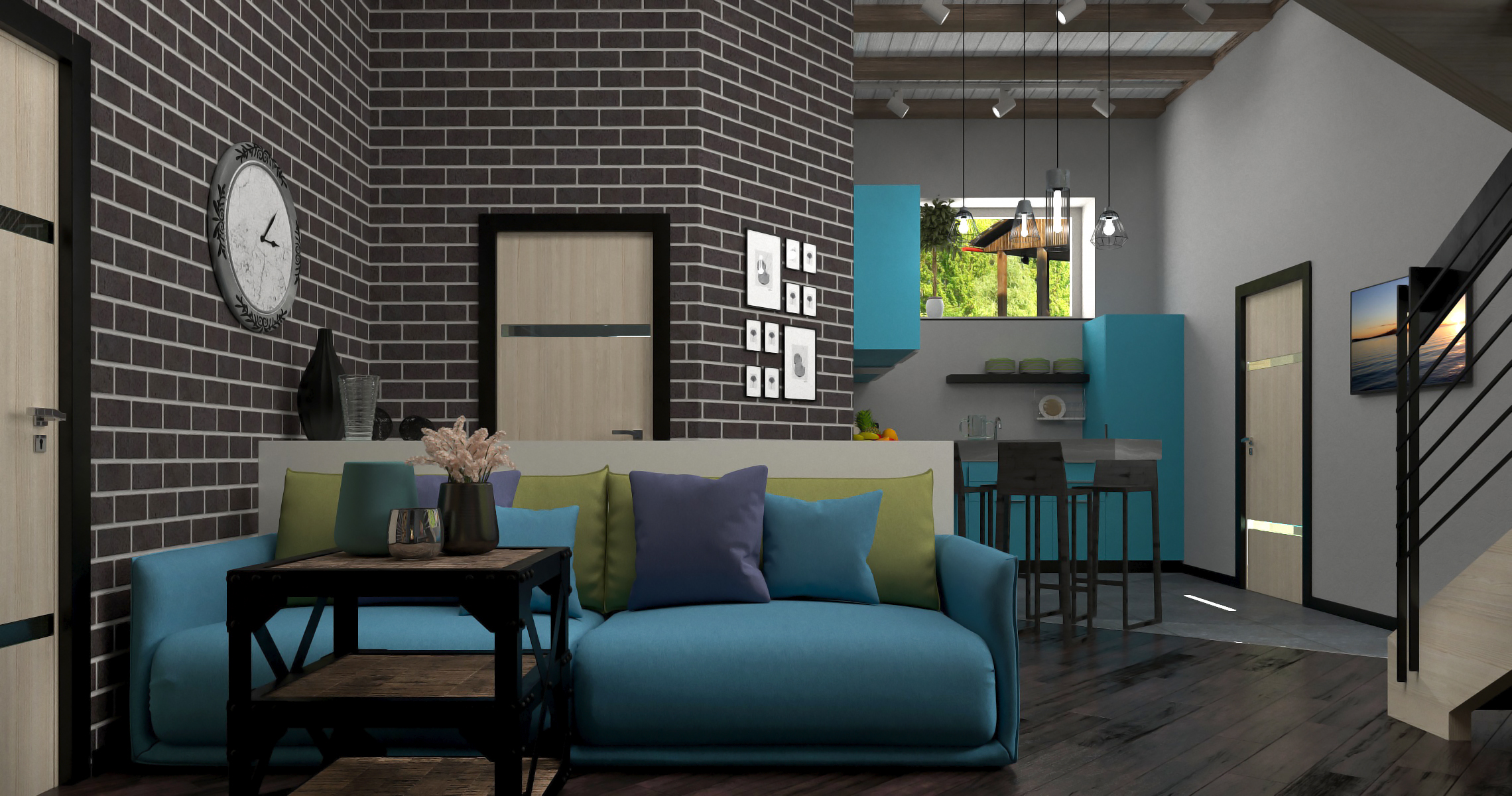 imagen de Interior de una sala de estar cocina en 3d max corona render