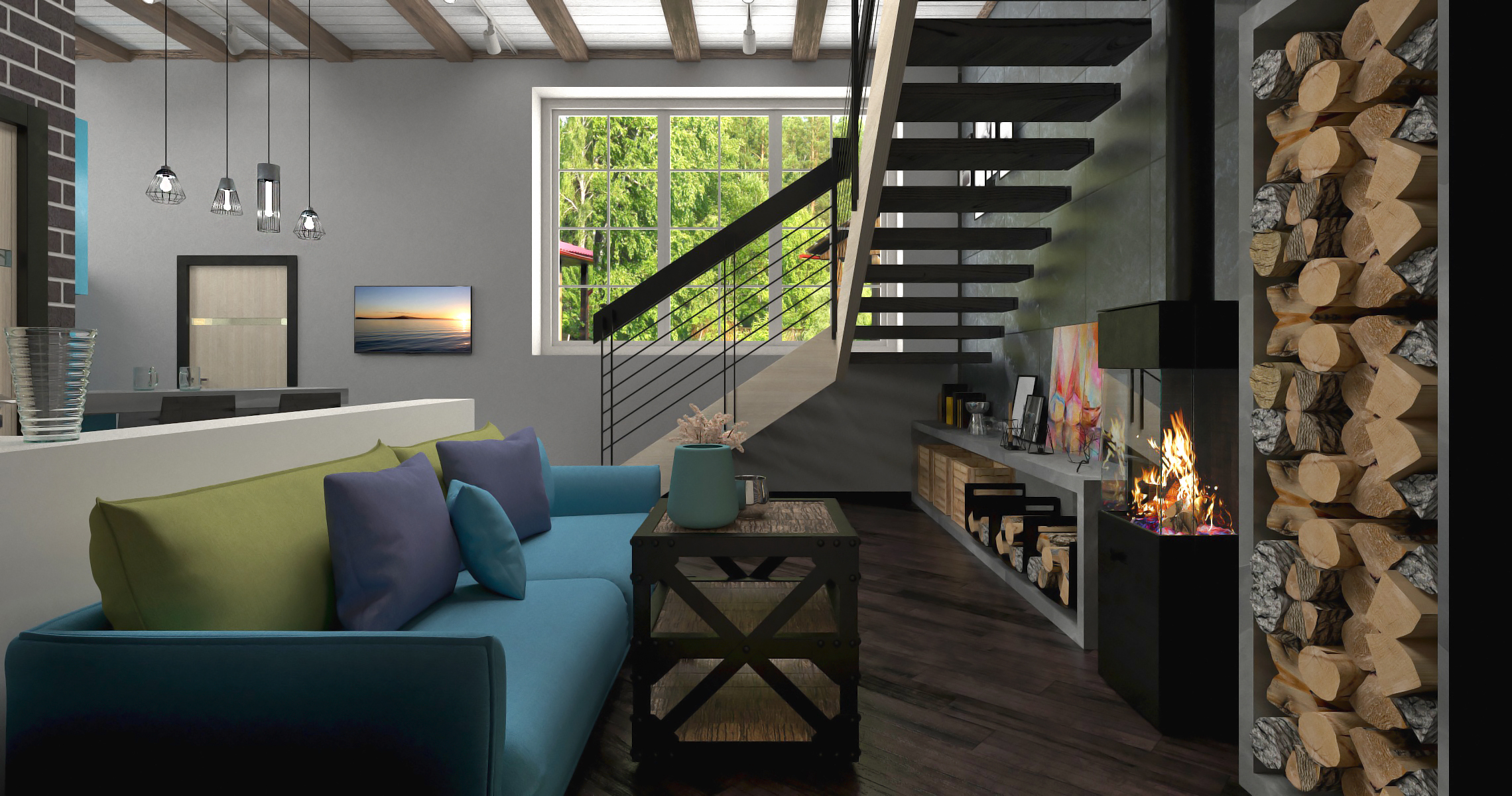Interior de uma cozinha sala de estar em 3d max corona render imagem