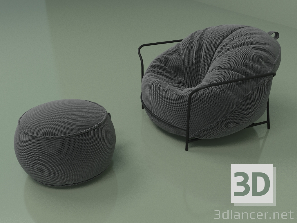 modèle 3D Fauteuil Uni avec pouf (noir) - preview