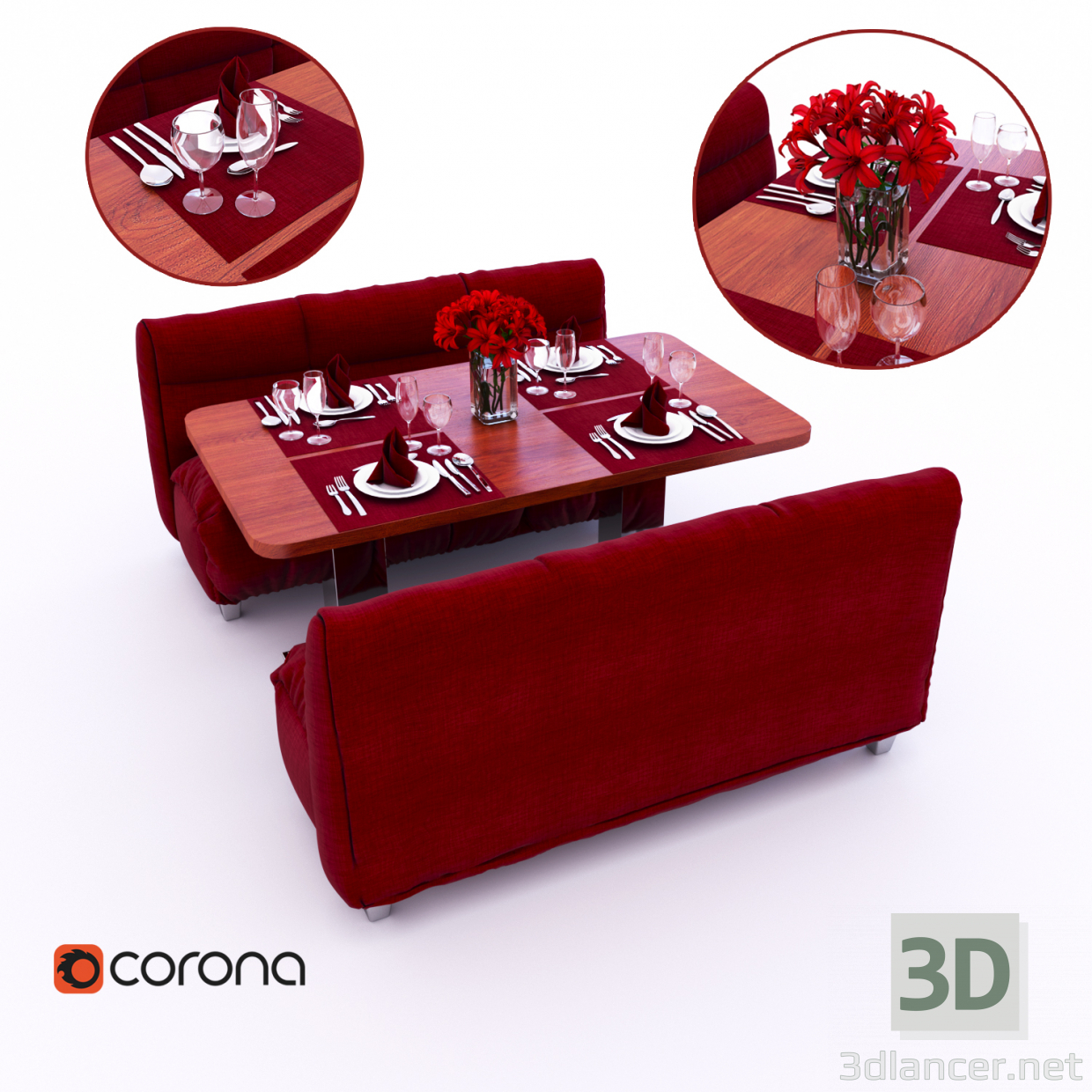 Restaurant-Tisch mit zwei Sitzbänken 3D-Modell kaufen - Rendern