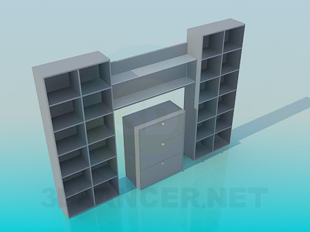 3D Modell Regale für Bücher mit dem Sideboard im Zentrum - Vorschau