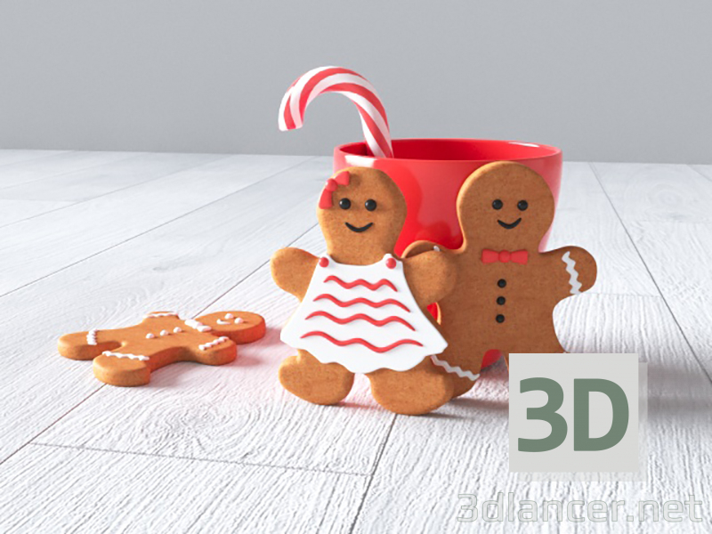 3d model Año nuevo (galletas niño y niña, taza, dulces). - vista previa