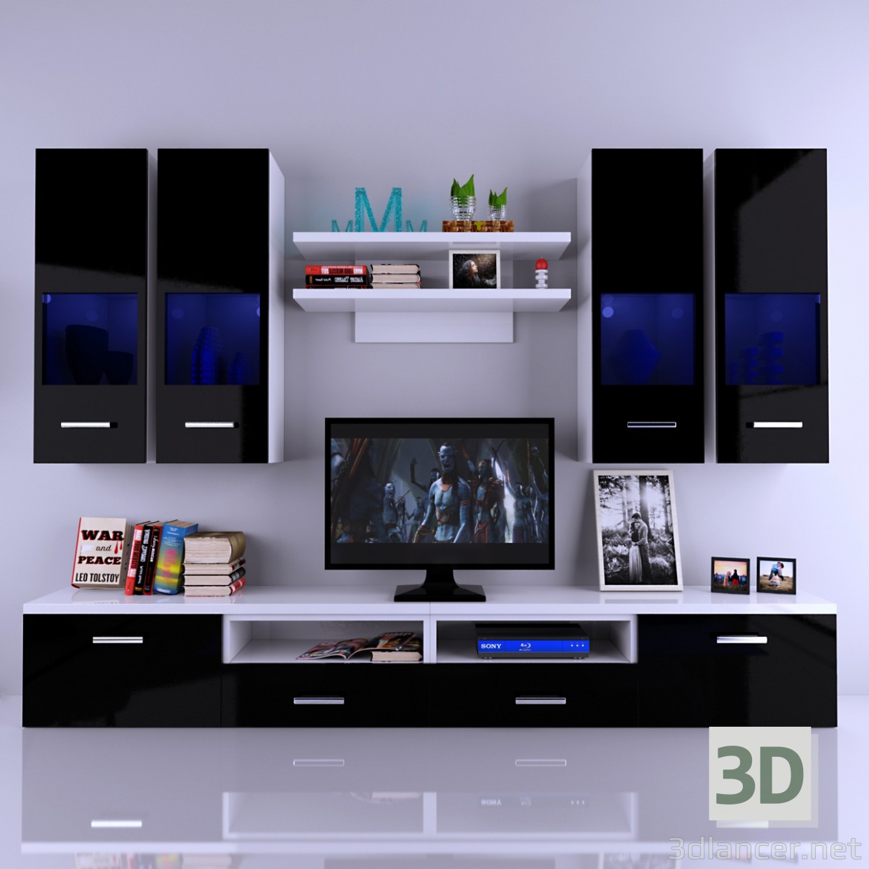 3d модель Стенка ТВ –Nero с декором . Tv Wall – превью