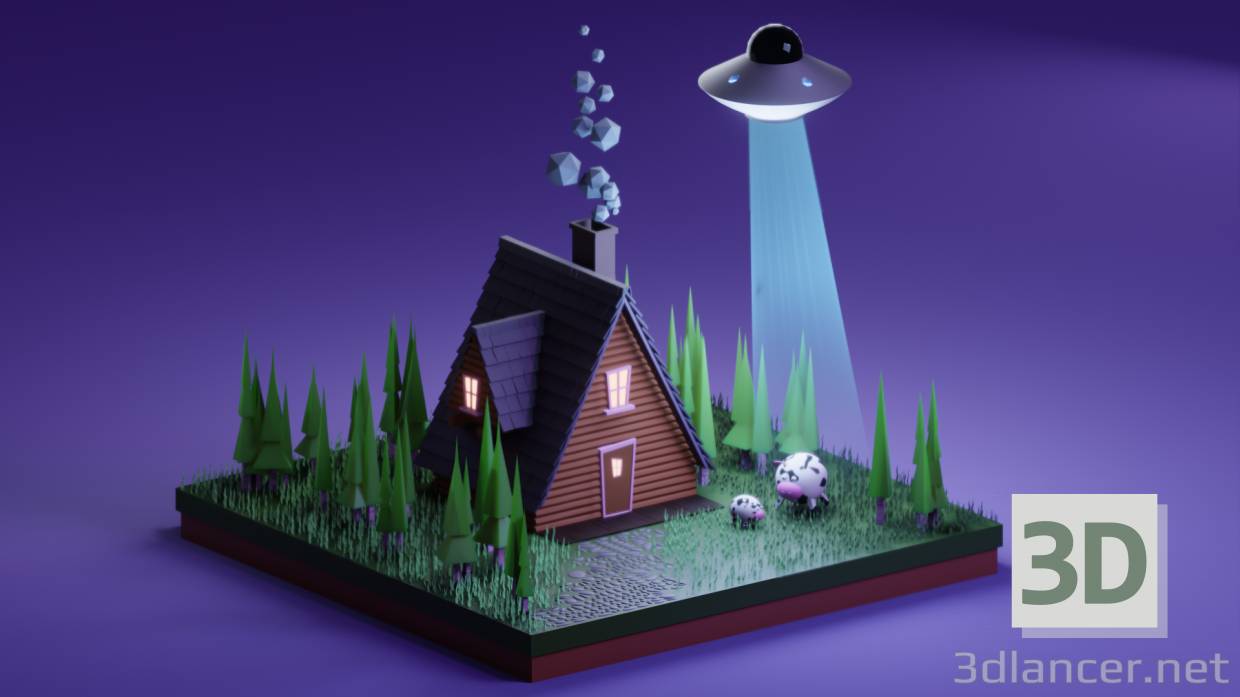 modello 3D di La scena di un UFO rapisce una mucca comprare - rendering