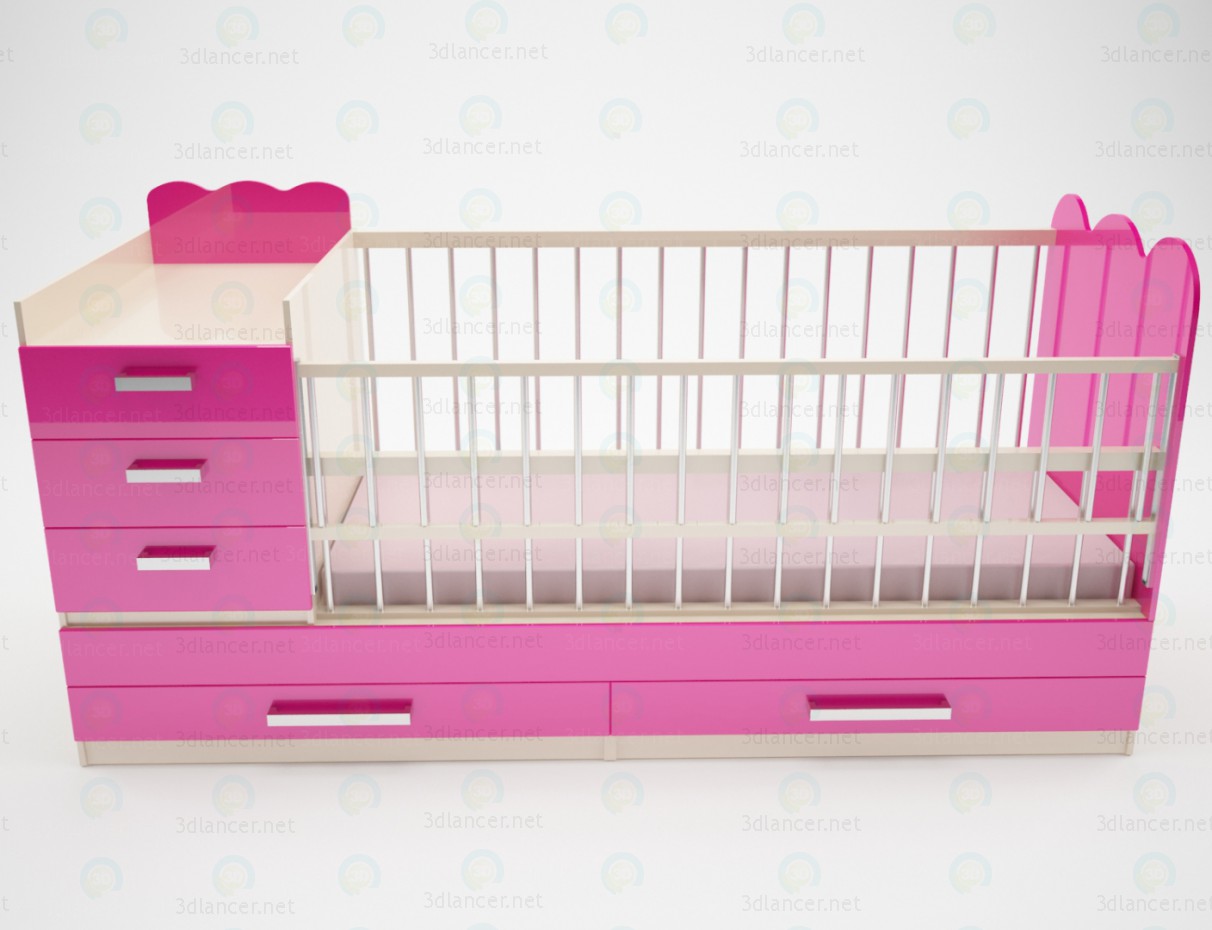 3d модель Ліжечко дитяче з ящиками для зберігання і пеленальним столиком – превью