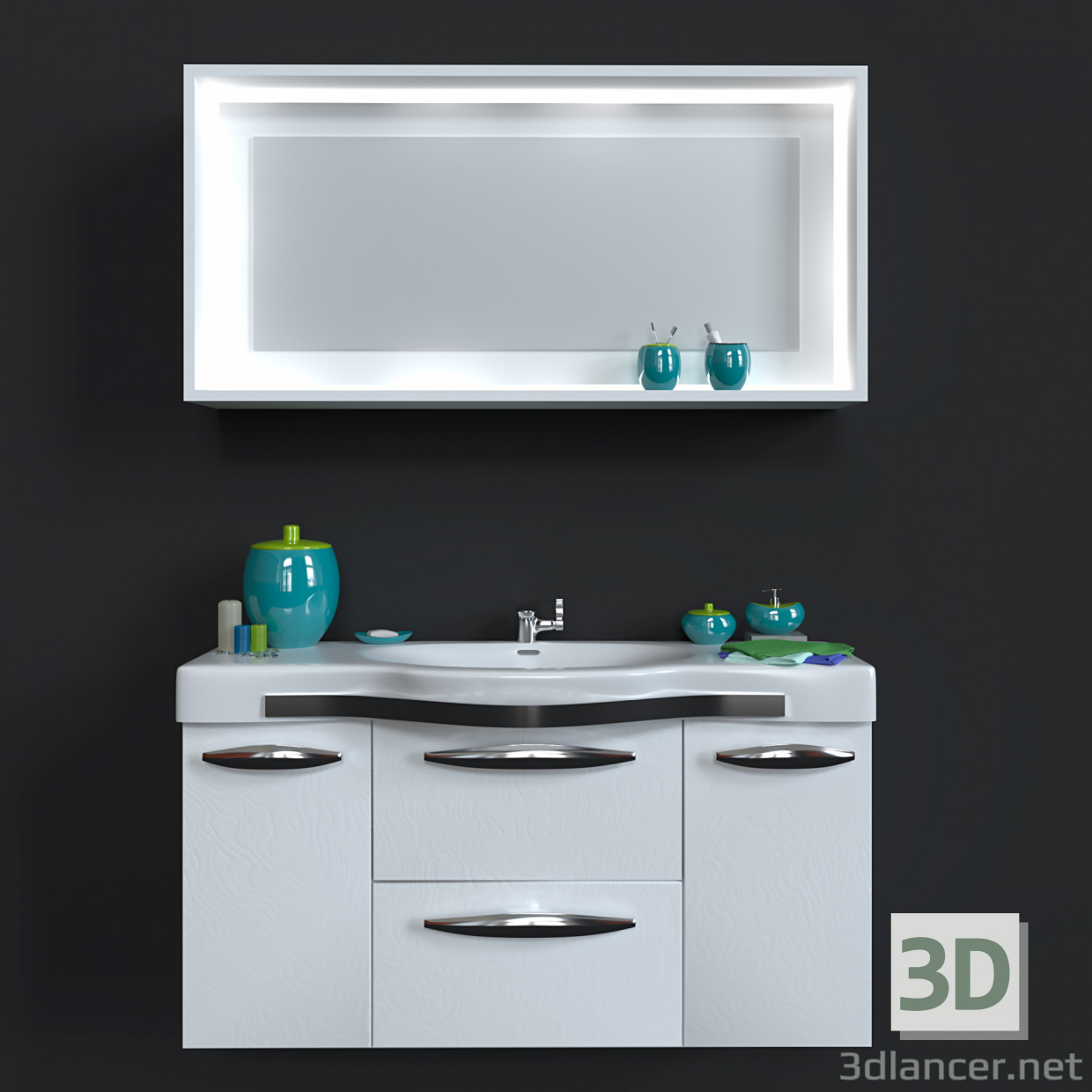 3d модель Умывальник с зеркалом и декоративный набор для ванной комнаты – превью
