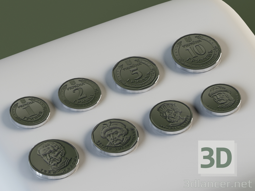 Monedas: 1, 2, 5, 10 hryvnias. 3D modelo Compro - render