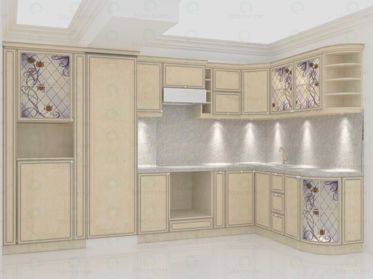 3d Classic kitchen, travertine elevations with granite countertops model buy - render