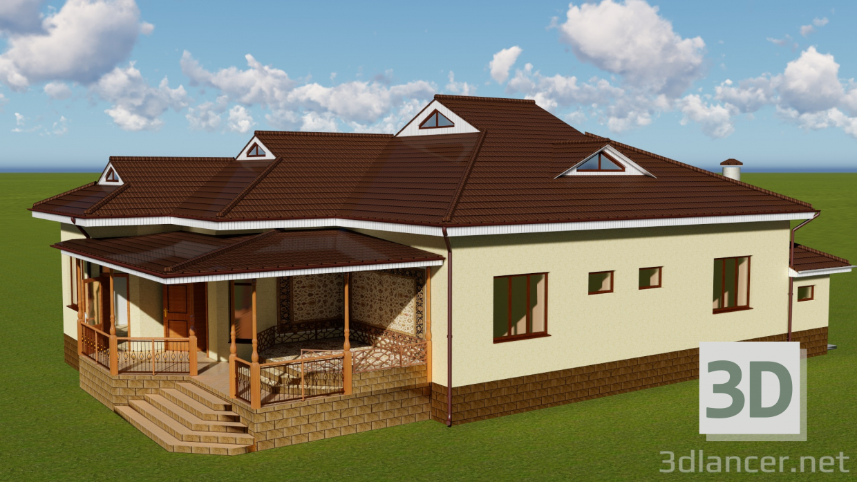 3D Modell Kleines Privathaus mit Terrasse - Vorschau
