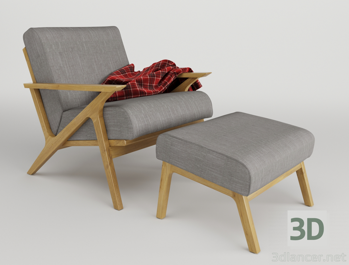 3D lounge_armchair_with_pouf (Kabarık ahşap şezlong) modeli satın - render