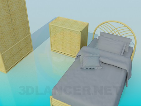 3D Modell Satz von Korbmöbel im Schlafzimmer - Vorschau