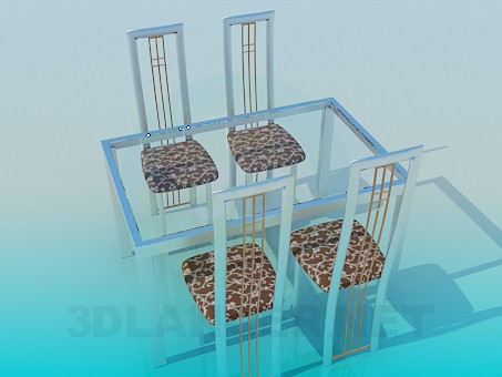 3d model Mesa con sistema de cristal del tablero de la mesa y sillas - vista previa