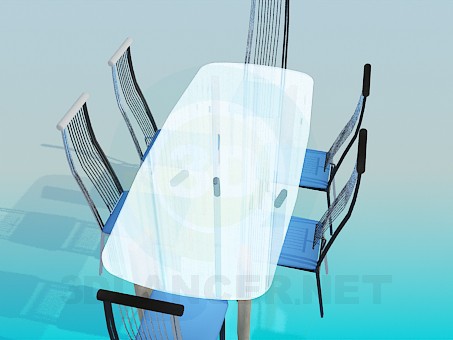 3d модель Стеклянный обеденный стол со стульями на металлической основой – превью