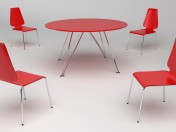लाल प्लास्टिक मेज और कुर्सियों धातु पैर के साथ