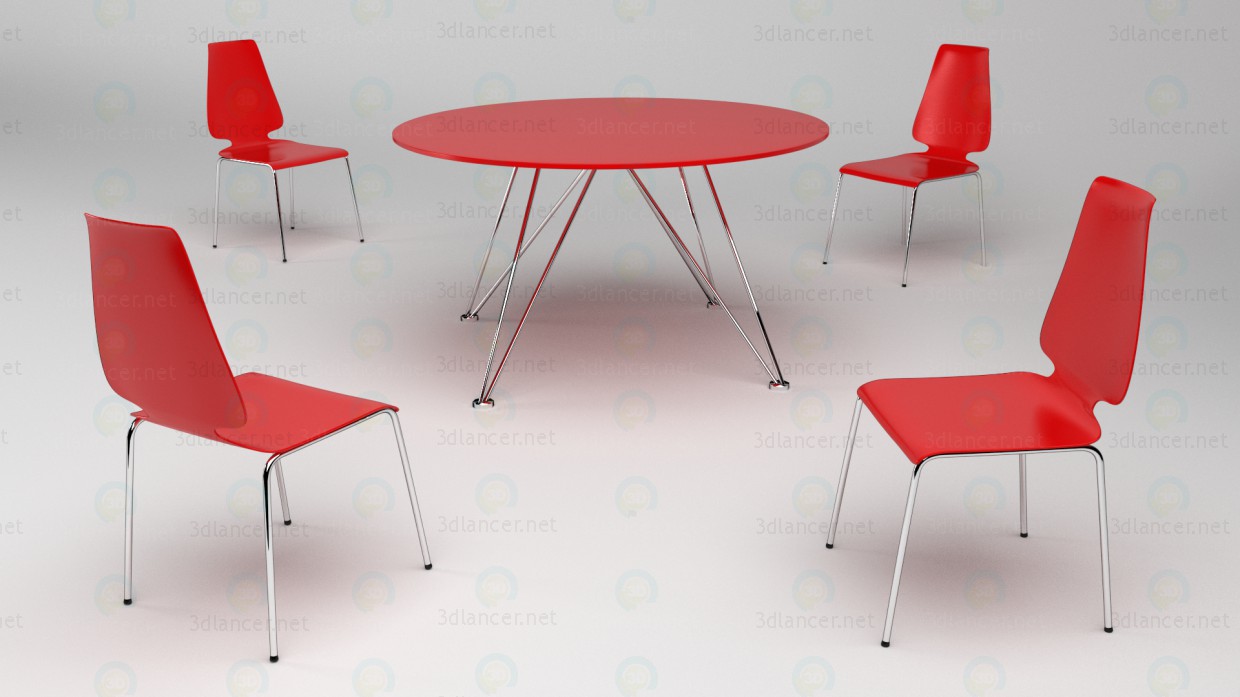 3d model Mesa de plástico rojo y sillas con patas metálicas - vista previa