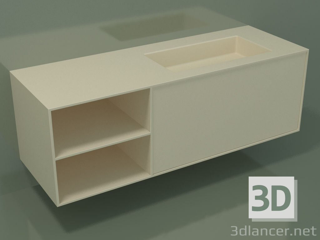 3D Modell Waschbecken mit Schublade und Fach (06UC834D2, Knochen C39, L 144, P 50, H 48 cm) - Vorschau
