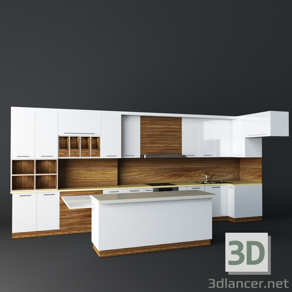 modèle 3D Cuisine linéaire blanche et bois avec îlot central - preview