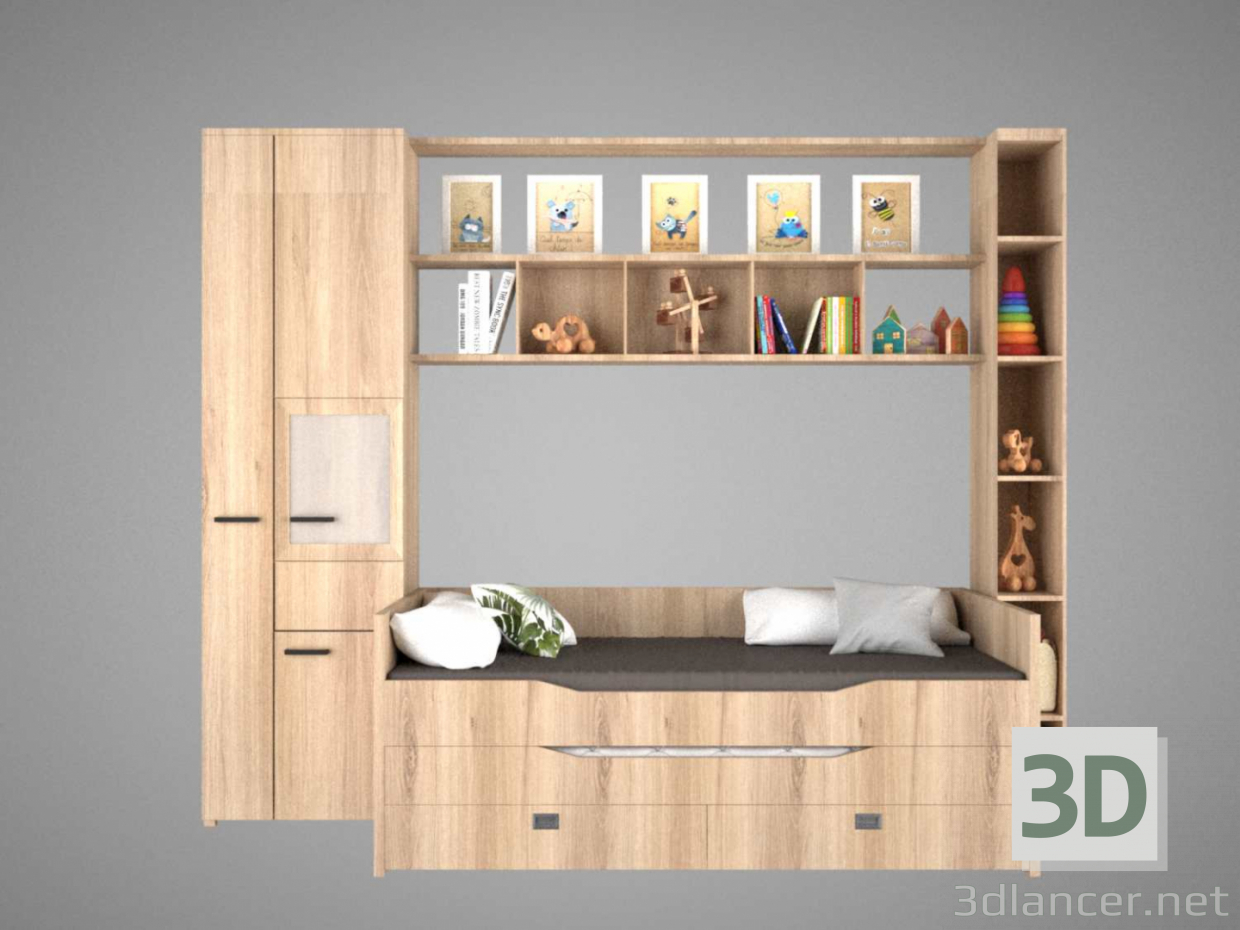 3D Modell Kinderbett mit Regalen und Dekoren. - Vorschau