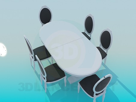 Modelo 3d Conjunto de mesa de jantar e 6 cadeiras em estilo clássico - preview
