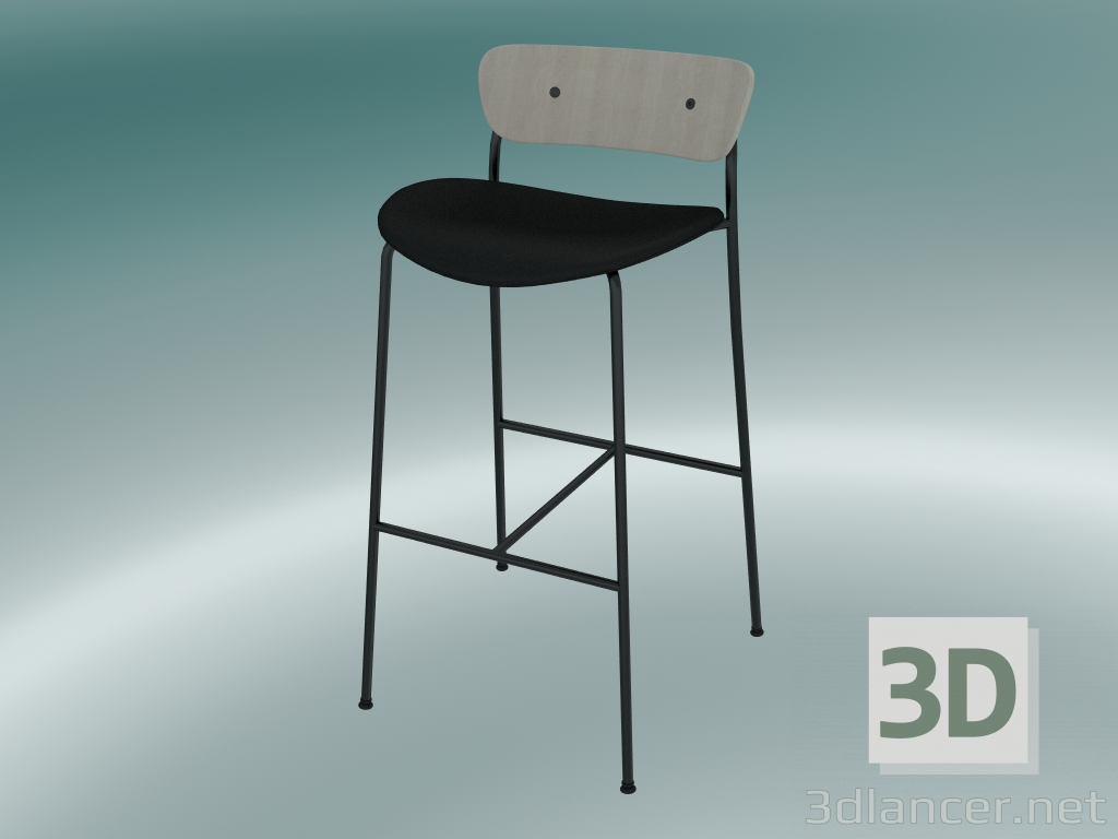 modèle 3D Tabouret de bar Pavilion (AV10, H 95cm, 50x52cm, Chêne laqué, Cuir - Soie noire) - preview