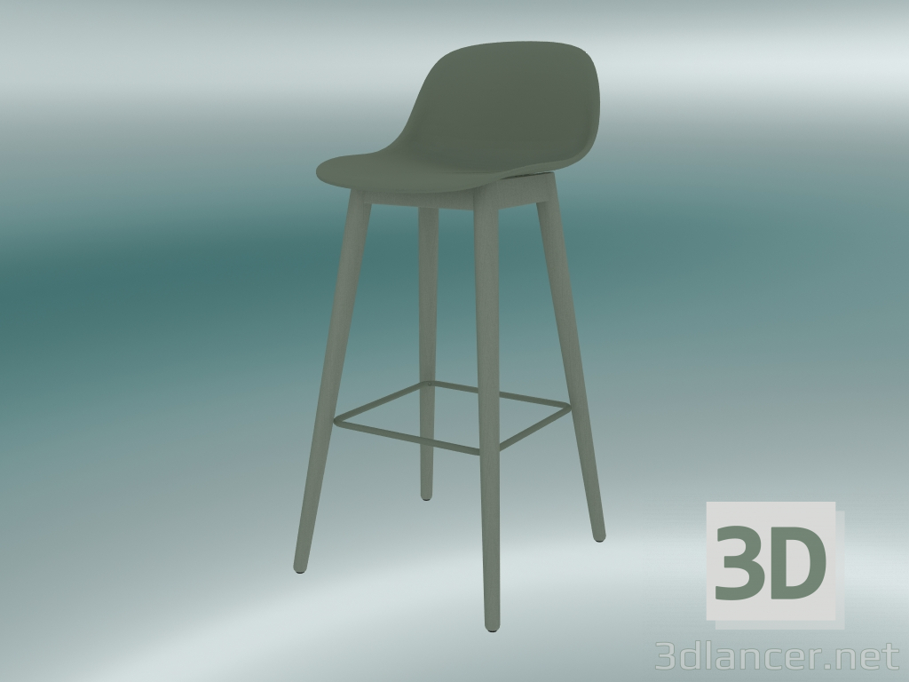 modello 3D Sedia da bar con base in legno e schienale in fibra (H 75 cm, verde polvere) - anteprima