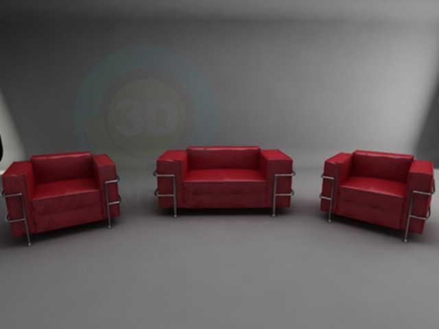 3d model Red leather sofa + 2 armchairs - preview