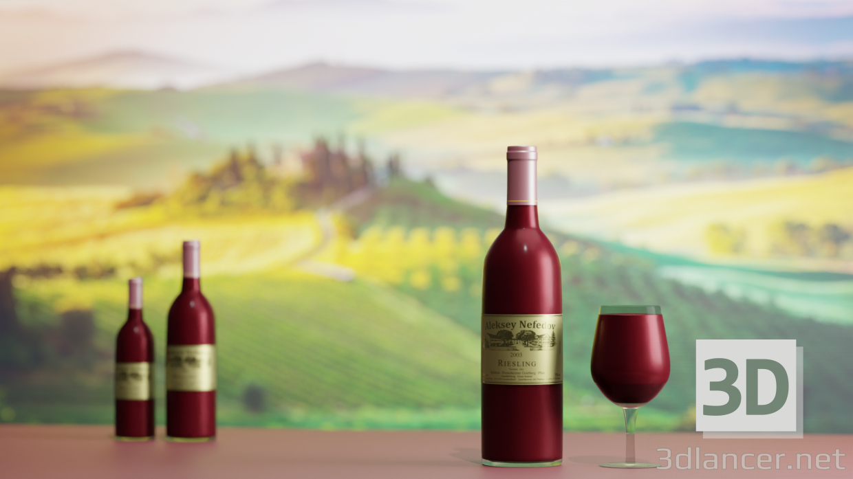 Botella de vino y copa de vino. 3D modelo Compro - render