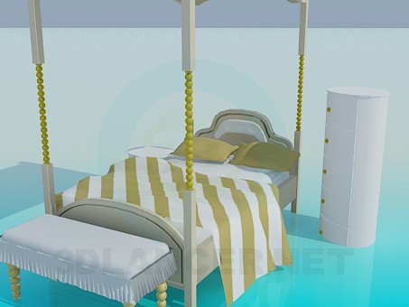3d model Bed with roof and bedside tables - preview
