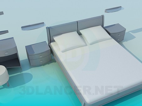 Modelo 3d Conjunto de cama, mesas de cabeceira e vaidade - preview