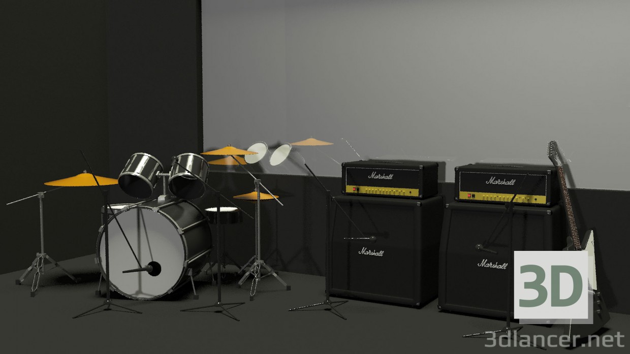3d model El Interior de un estudio de grabación con instrumentos musicales - vista previa