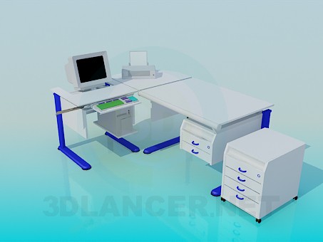 3d модель Письмовий стіл, комп'ютер і тумбочка – превью