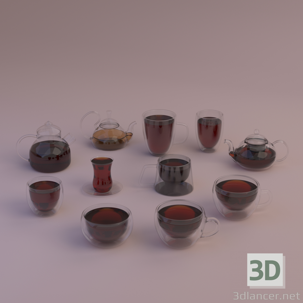 Glasbecher und Teekannen 3D-Modell kaufen - Rendern